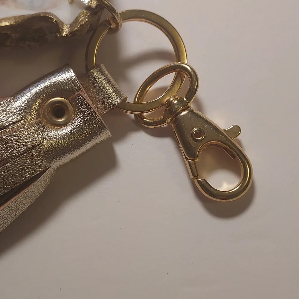Oyster Shell Keychain Purse Charm With Leather Tassel Gold and White Coastal